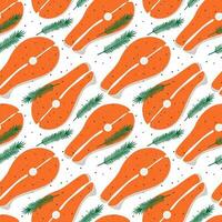 Seamless pattern of abstract image of salmon steak with rosemary sprig and spices. Healthy food Day. vector