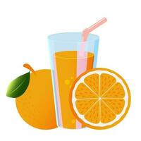 Orange juice in a glass transparent glass with a pink straw and a slice of citrus fruit. Healthy and healthy drink in a modern design on a white background. Vector. vector