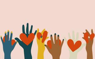 Volunteers, social workers, ordinary people hold hearts in their palms. Unity, cohesion of a multinational society. Charity, voting, donations, social assistance. Vector. vector