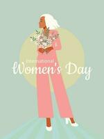 International Women's Day. A beautiful fashionable blonde in a pink jumpsuit stands in full growth with a bouquet of daisies. Vertical light blue banner. Vector. vector