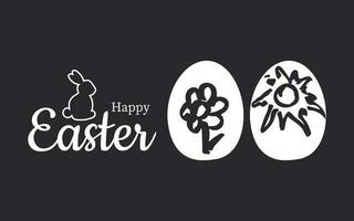 Happy Easter. Spring card with rabbit and eggs with hand drawn sun and flower. Black and white. Vector. vector