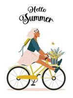 Hola verano. un contento mujer paseos un bicicleta y disfruta el comenzando de verano, mejorando su físico y mental salud con un ramo de flores de margaritas positivo impresión en un blanco antecedentes. vector. vector