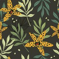 Tropical spotted modern art flowers abstract and artistic branches with leaves on a dark gray background. Seamless pattern. Vector. vector