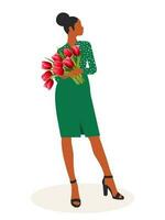 Stylish African American business woman in a green skirt and blouse holds a bouquet of red tulips in her hands. Template for festive spring cards on a white background. Vector. vector