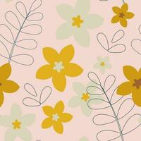 Simple decorative yellow and white flowers and leaves on a pink background. Seamless botanical pattern for fashion fabrics. Vector