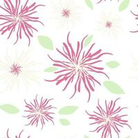 Modern art abstract pink flowers and green leaves on a white background. Seamless botanical pattern for fashion fabrics. Vector. vector