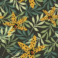 Tropical spotted modern art flowers abstract and artistic branches with leaves on a dark gray background. Seamless pattern. Vector. vector