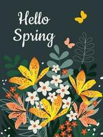 Hello Spring. Bouquet of spring flowers with butterflies on a dark blue vertical background. Festive March postcard. Vector. vector