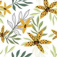 Tropical spotted flowers modern art abstract and artistic branches with leaves on a white background. Seamless pattern. Vector. vector