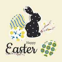 Happy Easter. Stylish trendy pink card with cute painted eggs in blue and yellow colors in a modern design with willow branches and a black rabbit. vector