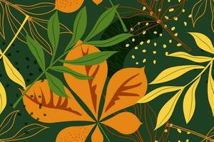 Modern exotic tropical jungle leaves and plants on a horizontal green background. Illustration in vector. vector