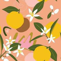 Blossoming of oranges. Citrus tropical fruits on a pink background with green leaves create a cute seamless pattern for printing on fabrics. Vector. vector