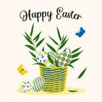 Happy Easter. Stylish trendy postcard with cute colored eggs in blue and yellow colors in a modern design with willow branches in a basket and flying butterflies. Vector. vector