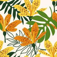 Tropical leopard flowers modern art future abstract and artistic palm leaves on white background. Seamless botanical pattern for fashion fabrics. Vector. vector