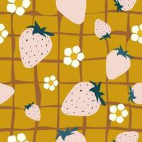 A pink strawberry with white flowers on a yellow mustard background creates a cute summer seamless pattern. Vector. vector