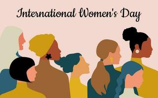 International Women's Day. Women of different ages, nationalities and religions come together. Pink horizontal poster with female silhouettes. Vector. vector