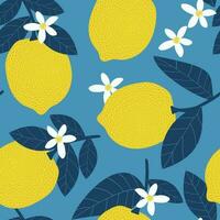 Lemons on the branches. Tropical summer citrus seamless pattern with leaves and flowers on a light blue background. Yellow fruits. Vector. vector