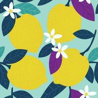 limones en el sucursales. tropical verano agrios sin costura modelo con hojas y flores en un ligero azul antecedentes. amarillo frutas vector. vector