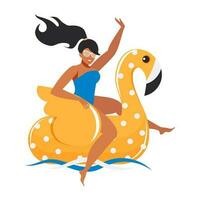 un hermosa y contento joven mujer en un amarillo flamenco flotadores en el mar ondas, disfruta vida. linda y divertido verano impresión aislado en blanco antecedentes. vector. vector