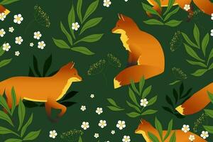 Forest wildlife with hand drawn beautiful foxes. Seamless pattern with wild animals and plants. Vector. vector