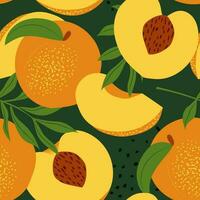 Peach vibes. Sweet pieces of fruit with leaves on a dark green background create a seamless pattern for summer textiles. Vector. vector