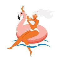 hermosa y contento joven rubia mujer en un inflable rosado flamenco come hielo crema y disfruta vida en un blanco antecedentes. verano vibras. vector. vector