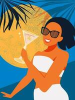 verano vibras. un hermosa mujer en un baños traje bebidas un cóctel en el antecedentes de el puesta de sol Dom en vacaciones y disfruta vida. vector. vector