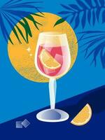 Tropical modern banner with summer vibe. Transparent elegant glass with a drink with ice and an orange slice on a blue background with sun and palm leaves. Vector. vector