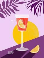 Tropical modern banner with summer vibe. Transparent elegant glass with a drink with ice and an orange slice on a purple background with sun and palm leaves. Vector. vector