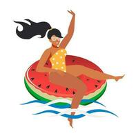 A beautiful and happy young woman on an inflatable watermelon floats on the sea waves, enjoys life. Cute and fun summer print isolated on white background. Vector. vector