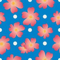 Wild rose in a botanical seamless pattern. Rosehip flowers are pink on a blue background. Vector. vector