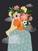 The concept of a free and positive mind, a blooming brain. A beautiful woman with flowers on her head meditates in the clouds and radiates love. Vector. vector