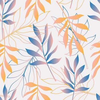 Modern tropical leaves in yellow and blue gradient on a white background create a seamless pattern for fabrics. Vector. vector