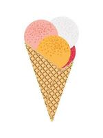 Ice cream in the form of balls with different colors and flavors in a crispy wafer cone isolated on a white background. Summer cold sweet dessert print. Vector. vector