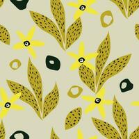 Abstract modern leaves with spots and yellow exotic flowers on a gray background. Botanical trendy seamless pattern for textiles. Vector. vector