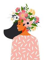el concepto de un gratis y positivo mente, un floración cerebro. retrato de un hermosa mujer con flores en su cabeza en un blanco antecedentes para primavera tarjetas De las mujeres día. vector. vector