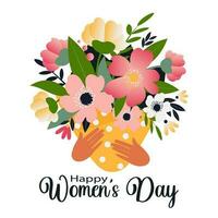 Happy women's day. Bouquet of wild flowers in hands isolated on white background. Floral card for the spring holiday. Vector. vector