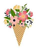 Different summer flowers in a waffle cone isolated on a white background. Cute print for postcards, holiday flyers. Vector. vector