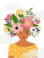The concept of a free and positive mind, a blooming brain. Portrait of a beautiful woman with flowers on her head with clouds on a white background for spring cards. Women's Day. Vector. vector