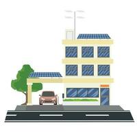 eléctrico deporte coche estacionamiento cargando a pueblo hogar pared caja cargador estación. energía almacenamiento con fotovoltaica solar paneles en edificio techo. con naturaleza verde arboles en aislado blanco antecedentes. vector
