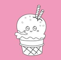 Cute Ice Cream Sweet Dessert Cartoon Digital Stamp Outline Black and White vector