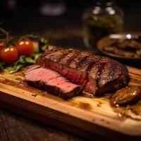 Steak on a wooden board on a dark background. Generative AI technology. photo