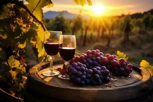 A glass of wine in a grape field. Generation AI technology. photo