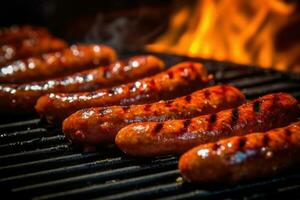 Sausages fried on a barbecue on a dark background. Generative AI technology. photo