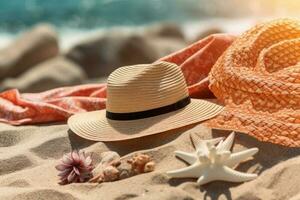 Summer beach accessories for women. Generative AI technology. photo