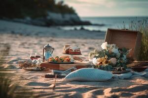 Picnic on the beach. Generative AI technology. photo