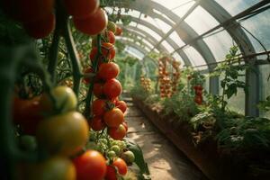 Greenhouse with tomato bushes. Generative AI technology. photo