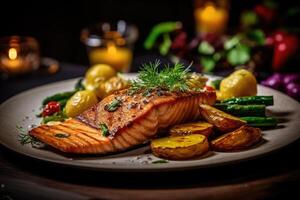 Baked fish and vegetables fried on a dark background. Generative AI technology. photo