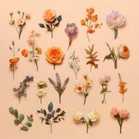 Collage of various flowers on a beige background. Generative AI technology. photo