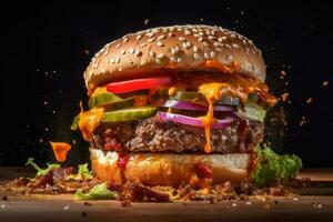 hamburguesa en un oscuro antecedentes. rápido alimento. generativo ai tecnología. foto
